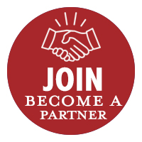 Red circle with handshake graphic tilted 'become a partner'