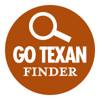 orange circle with magnifying glass graphic titled 'GO TEXAN Finder'
